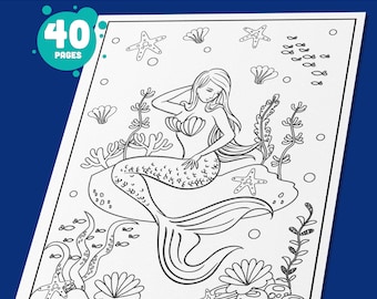 Mermaid Coloring Book: 40 Printable Pages for Girls, Teens & Kids, Perfect for Mermaid Lovers, Birthday Party Activity, PDF Instant Download