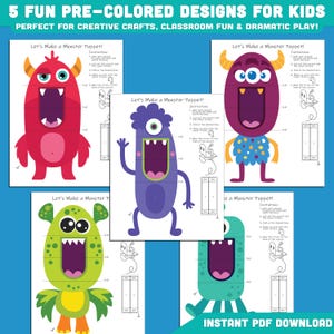 May include: Five pre-colored monster puppet designs for kids. Each design features a different monster with instructions for assembly. The puppets are in red, purple, green, and teal, with open mouths and various features. Text includes "Let's Make a Monster Puppet!" and "Instant PDF Download."