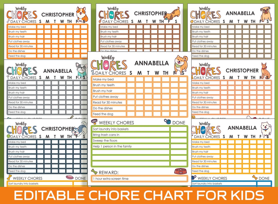 Chore Chart for Kids Dog / Puppy, Printable/editable Chore Chart for ...