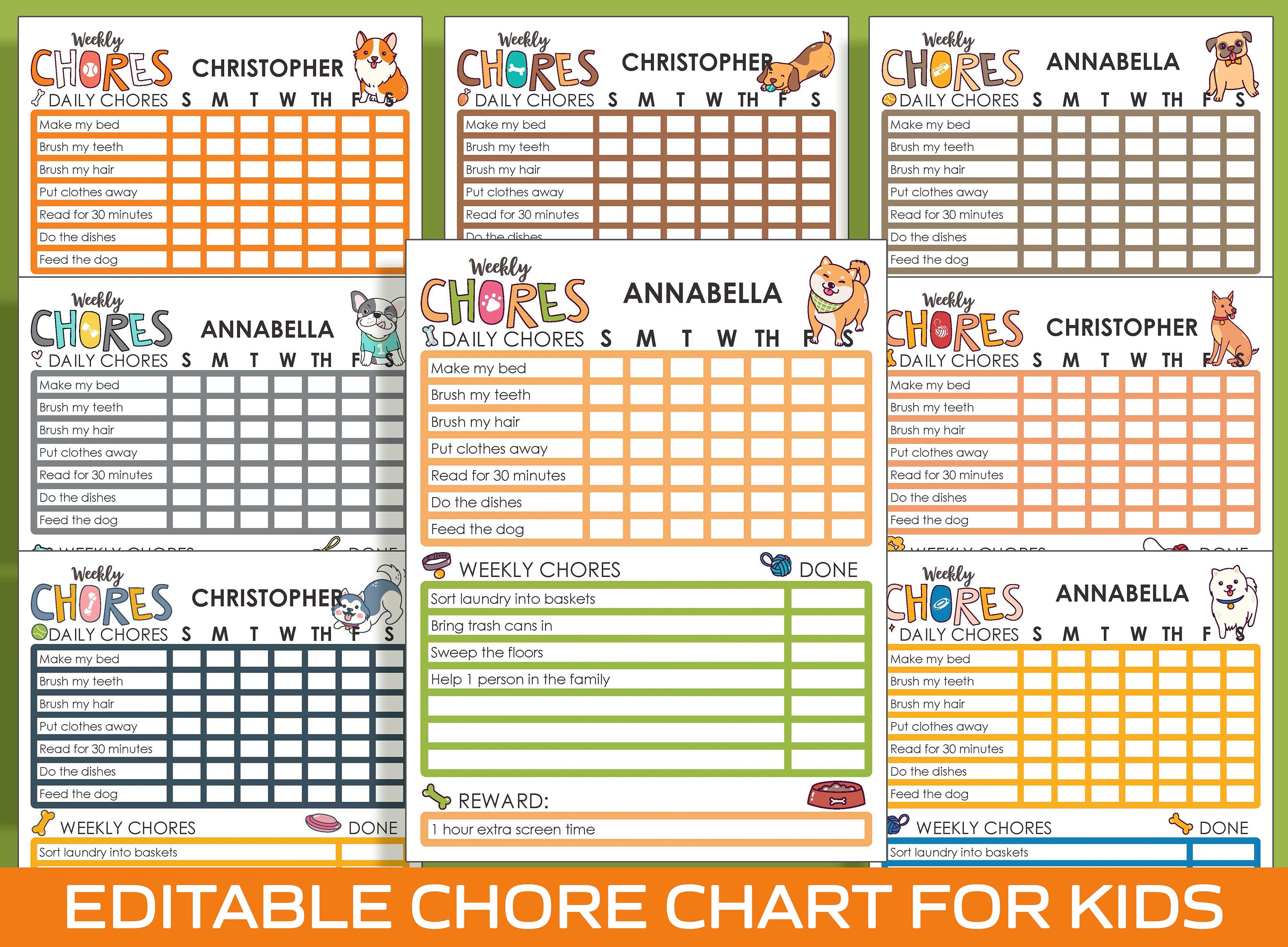 Chore Chart for Kids Dog / Puppy, Printable/editable Chore Chart for ...