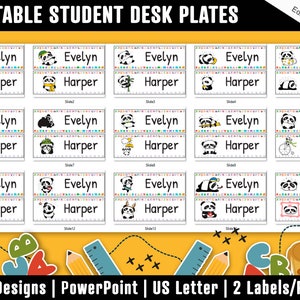 Placas de mesa do aluno, 30 etiquetas de nome/placas de identificação para sala de aula do urso panda imprimíveis/editáveis para o aluno, uma adição útil à sua sala de aula