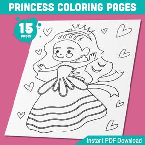 15 Princess Coloring Pages PDF - Enchanting Designs for Preschool and Kindergarten, Perfect for Kids&#39; Parties, Instant Download