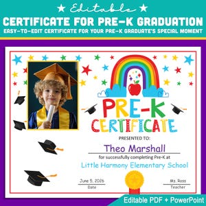 Plantilla de certificado preescolar editable con opción de fotografía: PDF en tamaño carta personalizable + PowerPoint, perfecta para graduación y fin de año