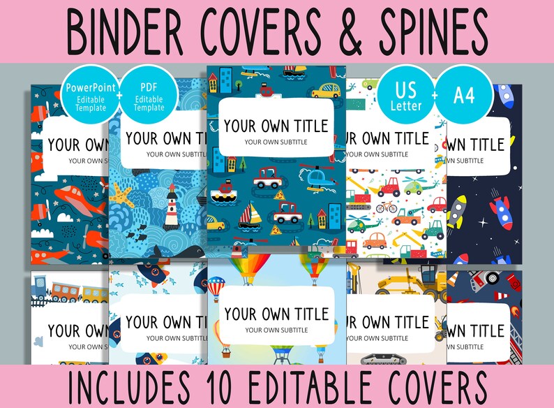 10 Editable Vehicle Binder Covers, Includes 1, 1.5, 2 Spines, Available