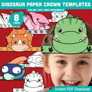 Könnte beinhalten: Druckbare Papierkronen-Vorlagen für Dinosaurier. Das Bild zeigt ein Kind, das eine grüne Dinosaurierkrone trägt. Es gibt 8 Seiten mit Vorlagen zum Ausmalen, Ausschneiden und Zusammenbauen. Der Text "Sofortiger PDF-Download" befindet sich am unteren Rand des Bildes.