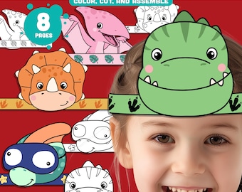 Dinosaur Paper Crown Templates – Printable Headband and Hat Craft for Kids with 4 Designs in Color and Black & White, 8 Pages, PDF Download