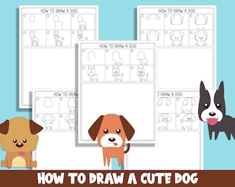 Learn How to Draw a Cute Dog, Puppy Directed Drawing Step by Step Tutorial + 5 Coloring Pages, PDF File, Instant Download