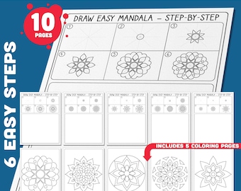 Cómo dibujar mandalas sencillos para niños: actividad artística paso a paso, práctica de dibujo guiada, 6 etapas fáciles, conjunto de 5 páginas + hojas para colorear.