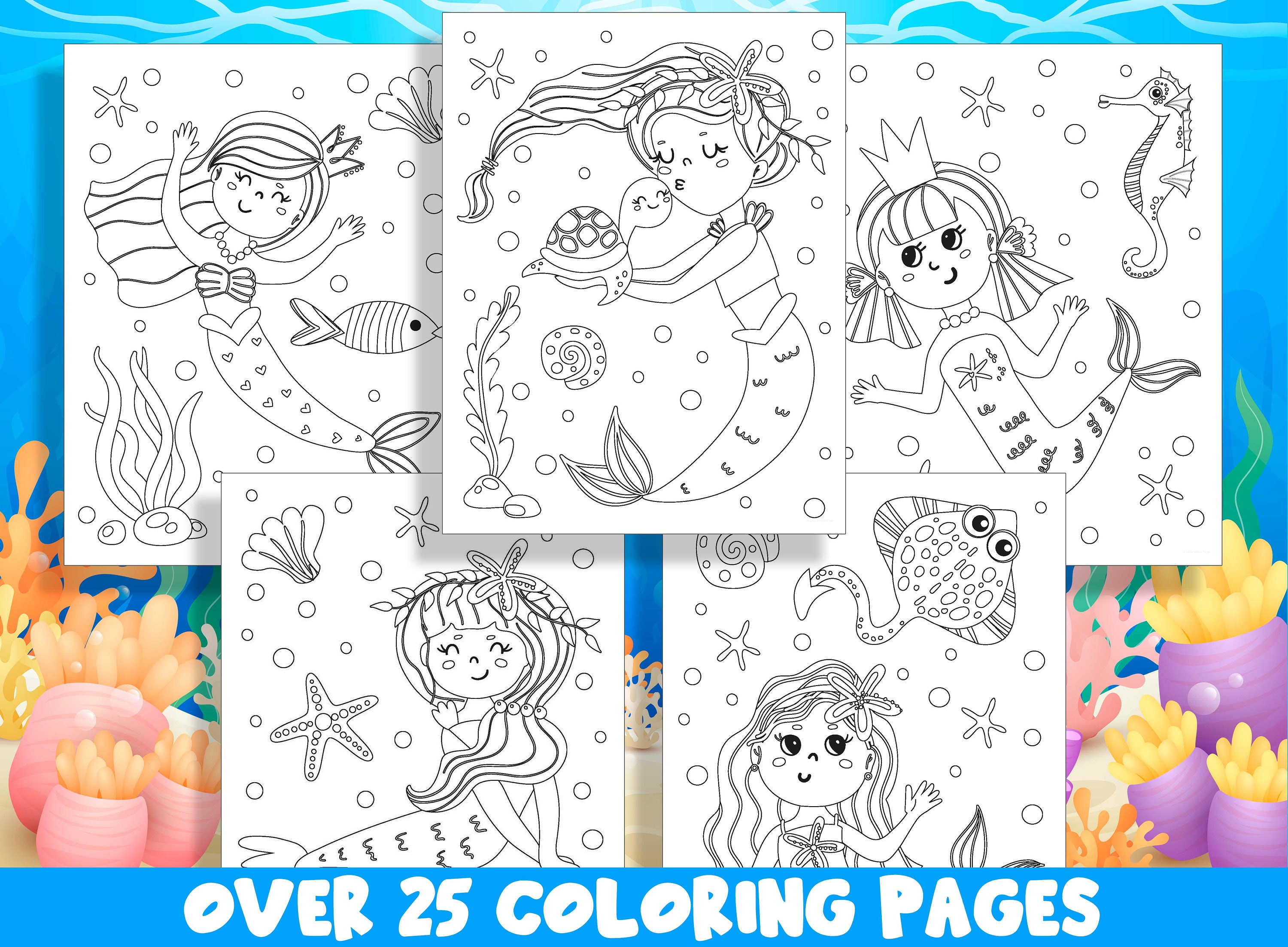 Mermaid Coloring Book, 25 Printable Beautiful Mermaid Coloring Pages for Kids, Under the Sea ...