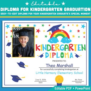 Plantilla de diploma de jardín de infantes personalizable con foto: PDF editable + PowerPoint en tamaño carta, ideal para ceremonias de graduación de fin de año