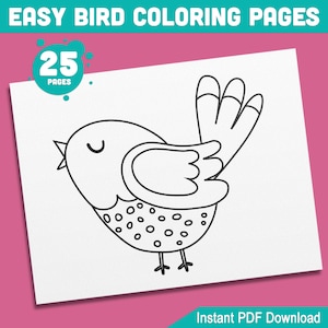 Puede incluir: Un dibujo en blanco y negro de un pájaro con un patrón de puntos en su cuerpo. El pájaro tiene un pequeño pico, un ojo cerrado y una cola grande. La imagen es parte de un conjunto de 25 páginas para colorear fáciles de pájaros.