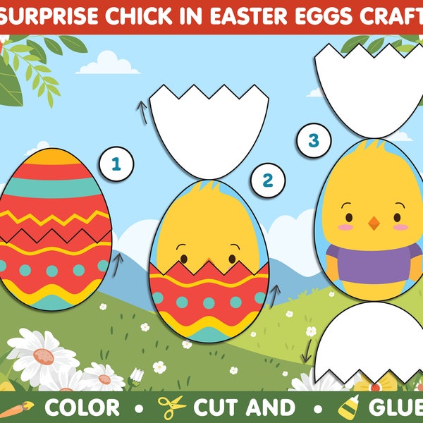 Get Crafty with Surprise Chick Easter Eggs: Color, Cut, & Glue Fun! Available in Vibrant Color and Coloring Versions - Instant PDF Download