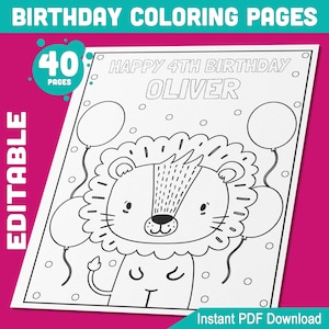 Páginas para colorir de aniversário: 40 folhas para imprimir e editar com convite e cartão de agradecimento, livro de atividades divertido para crianças, download instantâneo em PDF
