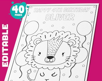 Birthday Coloring Pages: 40 Printable and Editable Sheets with Invitation & Thank You Card, Fun Activity Book for Kids, Instant PDF Download
