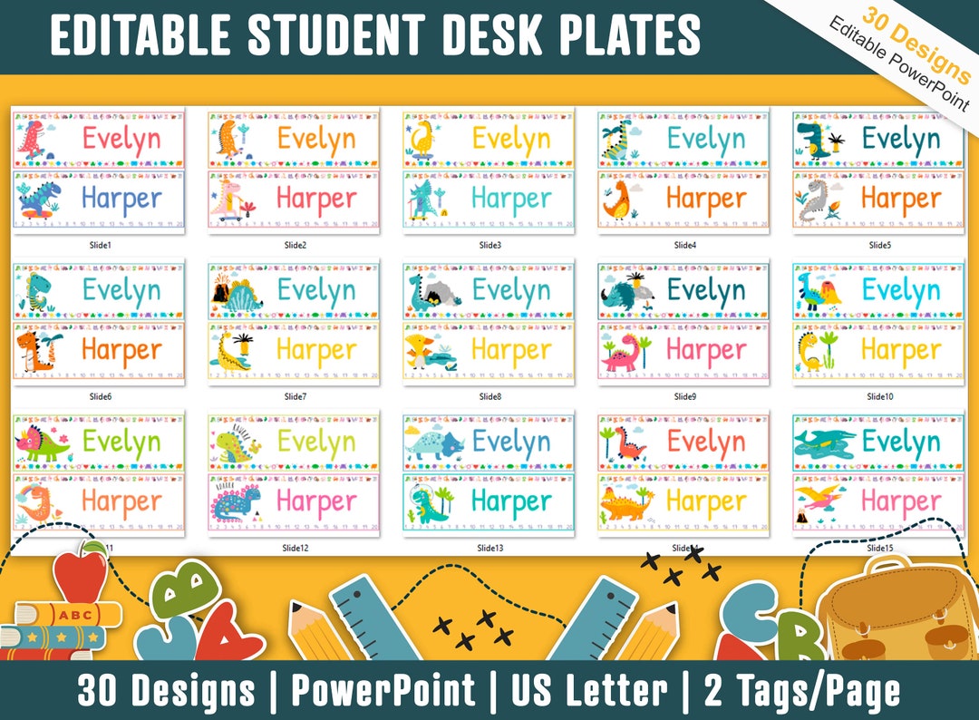 Student Desk Name Plates, 30 Printable/editable Dinosaur Classroom Name