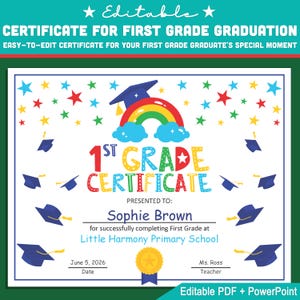 Plantilla de certificado de primer grado editable: PDF y PowerPoint de tamaño de letra personalizables, perfectos para celebraciones de graduación de fin de año