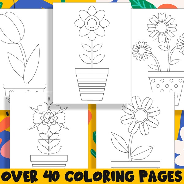 Summer Flowers in Pots Coloring Book, 40 Printable Flower Coloring Pages for Kids, Teaching Materials, Stress Relief and Relaxation