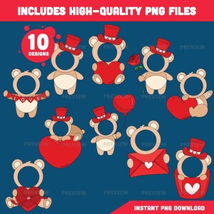 May include: A collection of ten Valentine's Day-themed bear designs. Each bear has a circular face opening and wears a red top hat. Some bears hold hearts, roses, or balloons. The text "10 DESIGNS" is in a red circle. The background is dark blue.