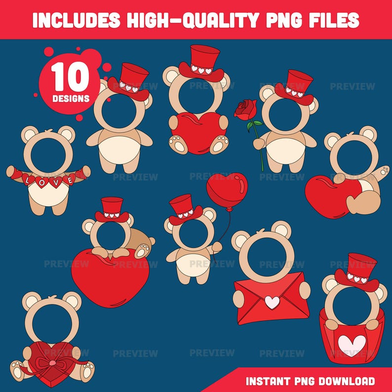 May include: A collection of ten Valentine's Day-themed bear designs. Each bear has a circular face opening and wears a red top hat. Some bears hold hearts, roses, or balloons. The text "10 DESIGNS" is in a red circle. The background is dark blue.