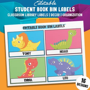 Editable Dinosaur Book Bin Labels: 16 Customizable Designs for Perfect Classroom Decor