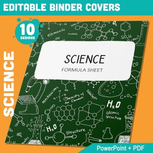 May include: A green chalkboard with white science-related drawings and text. The text says "SCIENCE FORMULA SHEET". The chalkboard is surrounded by a white border and a yellow background. The text "PowerPoint + PDF" is at the bottom of the image.