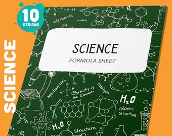 May include: A green chalkboard with white science-related drawings and text. The text says "SCIENCE FORMULA SHEET". The chalkboard is surrounded by a white border and a yellow background. The text "PowerPoint + PDF" is at the bottom of the image.