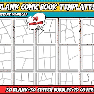 May include: A set of 70 blank comic book templates for creating your own comics. The set includes 30 blank templates, 30 speech bubbles, and 10 covers.  The templates are in black and white and are ready to be used for drawing or digital art.