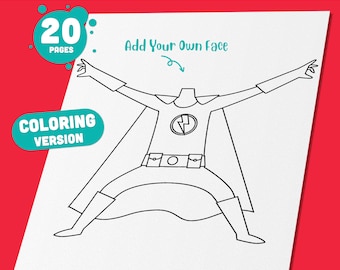May include: Black and white superhero body clipart for kids. The image includes a superhero costume with a cape, boots, and a belt. The text on the image says "Add Your Own Face" and "Coloring Version". The image also says "Instant PDF Download".