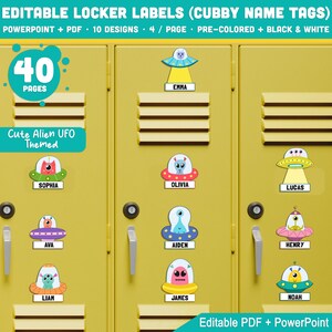 May include: A set of yellow locker doors adorned with editable alien-themed name tags. The tags showcase colourful UFOs and alien characters, each with a name such as Sophia, Olivia, and Lucas. The image includes text that says "Editable Locker Labels" and "Cute Alien UFO Themed".