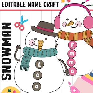 Actividad artesanal con nombre de muñeco de nieve: Navidad, invierno, tablón de anuncios de regreso a clases, 40 páginas, 5 diseños en blanco y editables en color y blanco y negro