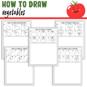 May include: A white educational worksheet with instructions on how to draw vegetables. The title "HOW TO DRAW vegetables" is at the top. The worksheet includes step-by-step guides for drawing an eggplant, tomato, broccoli, carrot, and bell pepper.