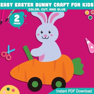 Easy Easter Bunny Craft for Kids, Printable Cut and Glue Activity, Spring Bulletin Board Display, 2 Pages Pre-Colored and Black and White
