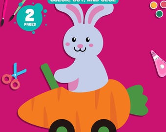 Easy Easter Bunny Craft for Kids, Printable Cut and Glue Activity, Spring Bulletin Board Display, 2 Pages Pre-Colored and Black and White