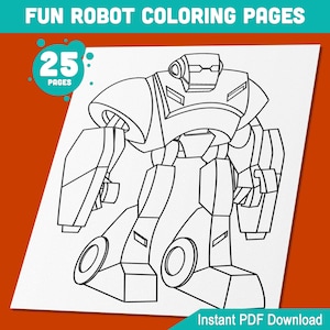Puede incluir: Un dibujo en blanco y negro de un robot con una cabeza grande y un cuerpo con ruedas. El robot tiene una cabeza grande y redonda con un solo ojo y una pequeña boca. El cuerpo del robot está formado por formas geométricas simples, como cuadrados, rectángulos y círculos. El robot tiene dos brazos y dos piernas, y está de pie sobre dos ruedas. La imagen se titula "FUN ROBOT COLORING PAGES" e incluye el texto "25 PAGES" en un círculo.