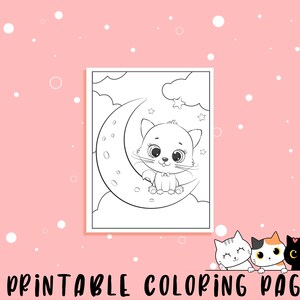 May include: A black and white illustration of a kitten sitting on a crescent moon, surrounded by clouds and stars. The image is part of a coloring book with the text "21 PRINTABLE COLORING PAGES" at the bottom. The background is pink with white dots.