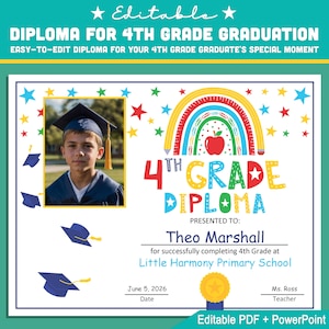Plantilla de diploma de cuarto grado editable con foto: PDF y PowerPoint de tamaño de letra personalizables para graduación, reconocimiento y premios importantes