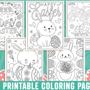 May include: A collection of five black and white Easter-themed coloring pages featuring bunnies, decorated eggs, and the words "Happy Easter." The bottom of the image reads "40 Printable Coloring Pages."