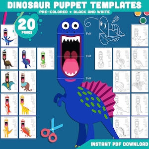 Printable Dinosaur Puppet Templates for Kids: 20-Page DIY Paper Craft, Pre-Colored+Black & White, Fun Cutout Activity, Instant PDF Download