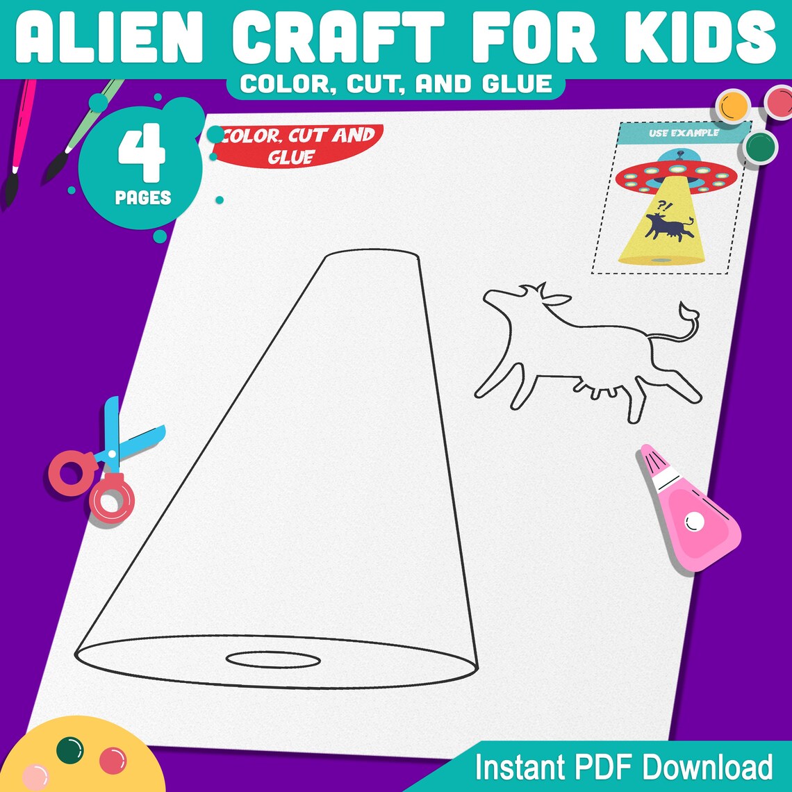Alien Craft for Kids: Printable 4-page Color, Cut and Glue Activity PDF ...