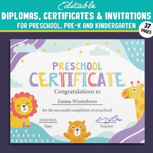 37 Seiten mit bearbeitbaren Diplom-, Zertifikats- und Einladungsvorlagen für Vorschule und Kindergarten mit Tiermotiven, sofortiger Download