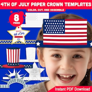 Modelli di corona di carta del 4 luglio – Fascia per capelli patriottica stampabile, cappello per la festa dell'indipendenza, bandiera degli Stati Uniti, Statua della Libertà
