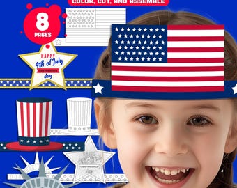 4th of July Paper Crown Templates – Printable Patriotic Headband Craft, Independence Day Celebration Party Hat, USA Flag, Statue of Liberty