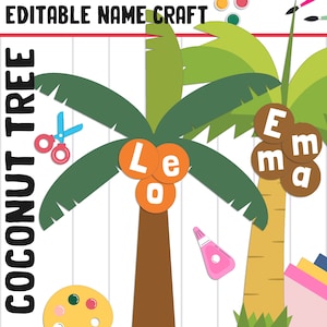 Actividad artesanal con nombre de árbol de coco: tablón de anuncios de verano/regreso a clases, 40 páginas, 5 diseños, en blanco y editable, en color y en blanco y negro