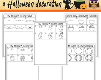 May include: A printable worksheet with instructions on how to draw five Halloween decorations: a bat, a cauldron, a cat, an owl, and a pumpkin. Each decoration is broken down into a series of steps, with numbered illustrations to guide the user.