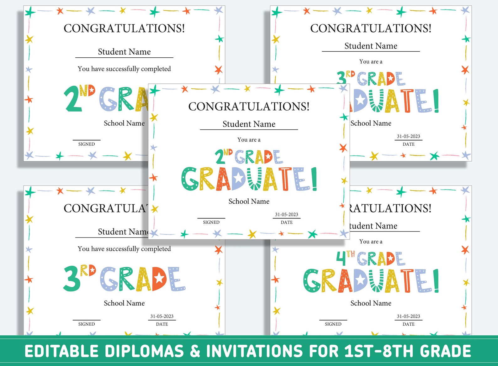 Editable 2nd Grade Awards, 1st to 8th Grade Diploma, Certificate of