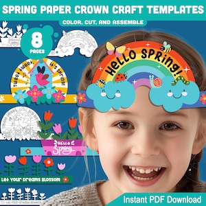 Spring Paper Crown Templates, Printable Headbands for Kids Featuring Rainbow, Ladybug, Singing Bird, Flowers & More, Color + Black and White