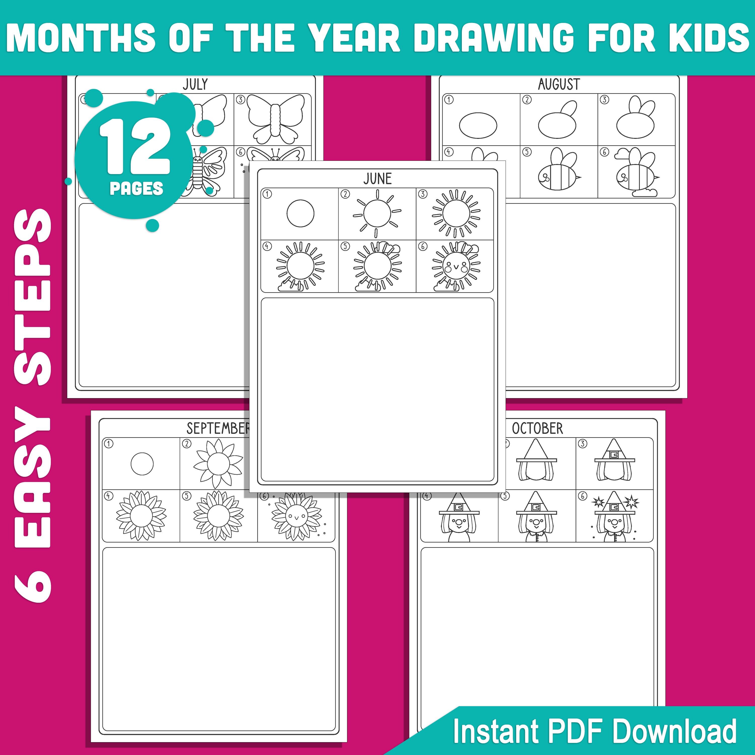 Months of the Year Drawing for Kids: 12-month Step-by-step How to Draw ...