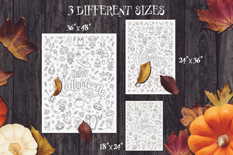 K&ouml;nnte beinhalten: Drei wei&szlig;e Halloween-Malvorlagen in verschiedenen Gr&ouml;&szlig;en: 91 cm x 122 cm, 61 cm x 91 cm und 46 cm x 61 cm. Jede Seite zeigt eine "Happy Halloween"-Nachricht und verschiedene gruselige Illustrationen. Das Bild ist vor einem dunklen Holzgrund mit Herbstbl&auml;ttern und K&uuml;rbissen.