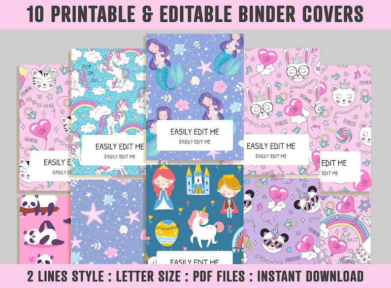 Binder Cover for Girls 10 Printable & Editable Binder - Etsy