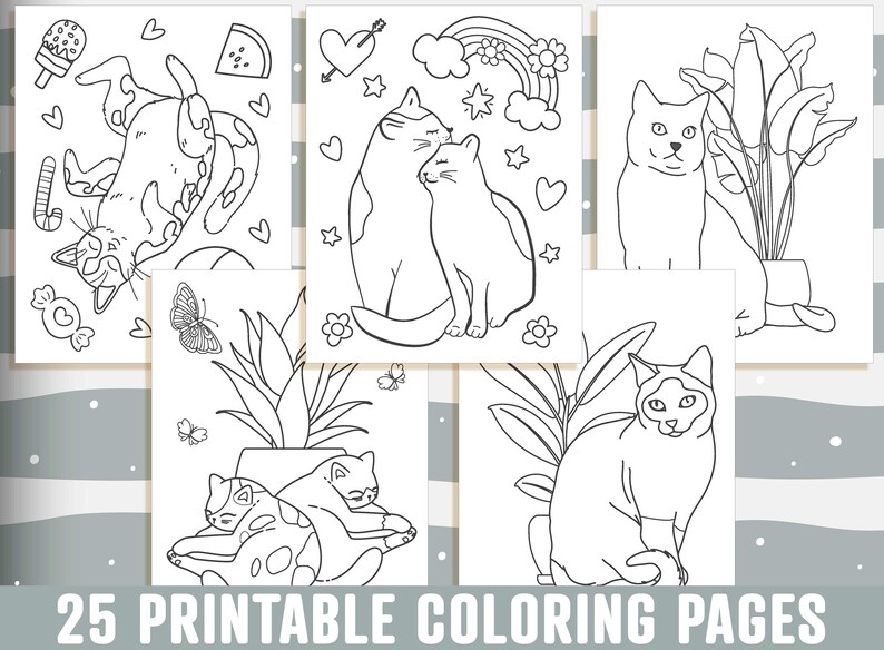 May include: A set of 25 printable coloring pages featuring cute cats in various poses. The pages include cats sleeping, playing, and cuddling.  The illustrations are simple and easy to color, making them perfect for kids and adults.
